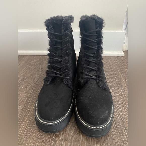 Women’s Madden Girl Furry Combat Boots. Color- Black. - Picture 3 of 13